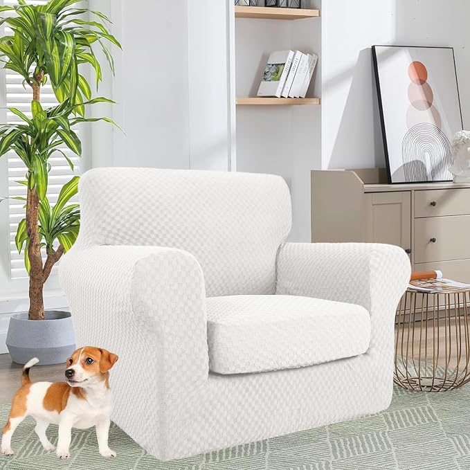 YEMYHOM Latest Checkered 2 Pieces Chair Covers for Living Room High Stretch Thickened Chair Slipcovers with Arms Anti Slip Elastic Armchair Sofa Couch Slipcover Protector (White), 31"-46"(1 Cushion) - Image 2