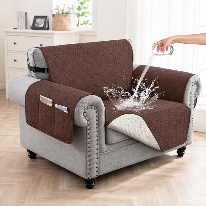 100% Waterproof Couch Cover,Straps&Pockets,pet Friendly,23" Coffee | Washable sofa cover, pet-friendly, scratch-resistant furniture protector, quilted sofa cover, reversible, non-slip backing. by Unknown
