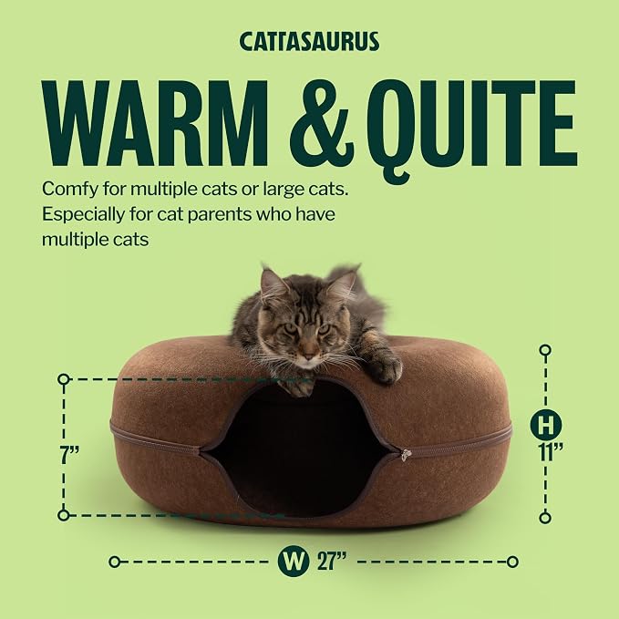 Cattasaurus Peekaboo Cat Cave Donut for Multiple & Large Cats up to 30-45 lbs, 3-in-1 Self Warming Cat Bed, Tunnel & Scratcher for Indoor Cats, Washable & Detachable Small Dog Bed (Brown, Jumbo) - Image 2