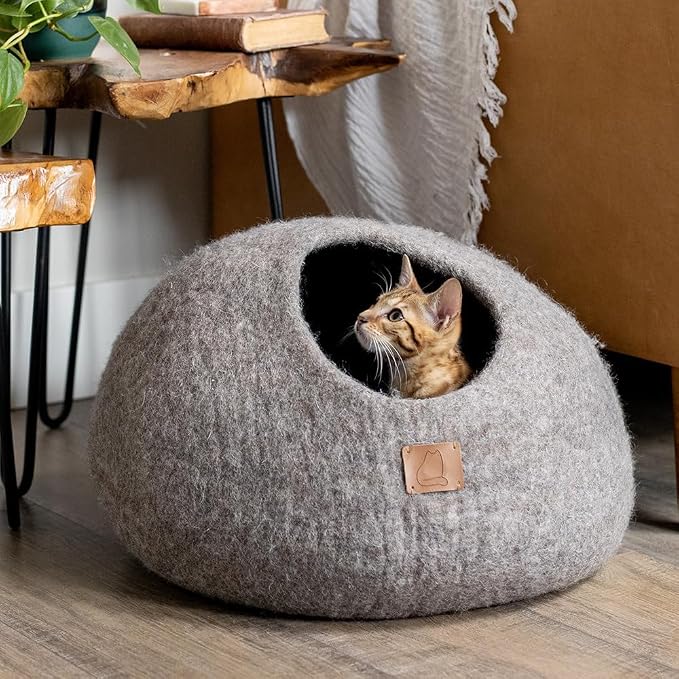 Best Aesthetic Cat Bed - Premium Felted Wool Cat Cave Bed - Cozy Peekaboo Round Cave for Large or Small Cats (Small, Earth Brown) - Image 3