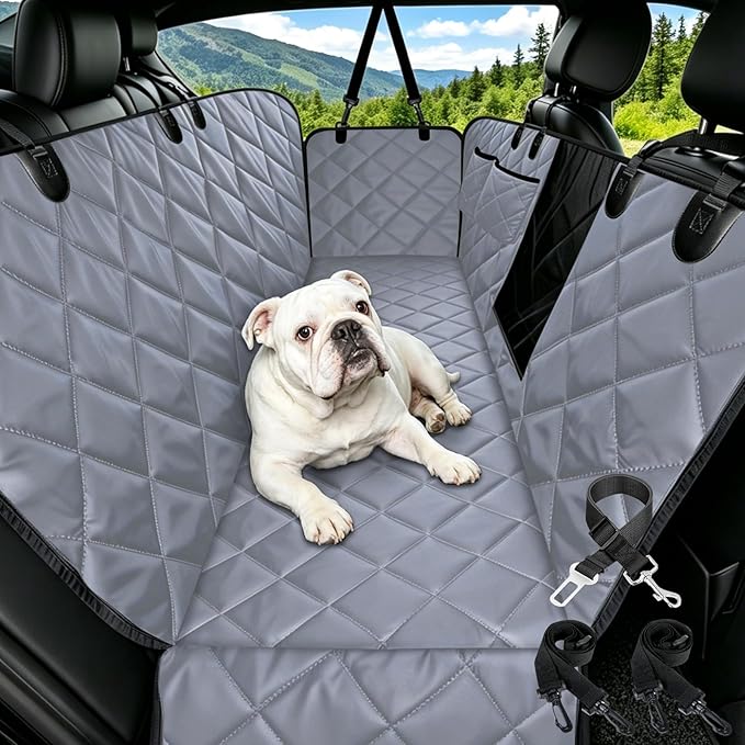 Dog Hammock for Car | Mesh Window & Safety Belt | 100% Waterproof Back Seat Pet Cover for Dogs Safe Travel with Side Door Protectors | Non-Slip, Scratchproof Rear Seat Cover for Cars, SUVs, Trucks by Comwish