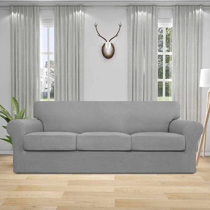 Easy-Going 4 Pieces Stretch Couch Cover Sofa Cover for Dogs Washable Sofa Slipcover for 3 Separate Cushion Couch Spandex Jacquard Fabric Elastic Furniture Protector for Pets (Light Gray, Sofa) - Image 2