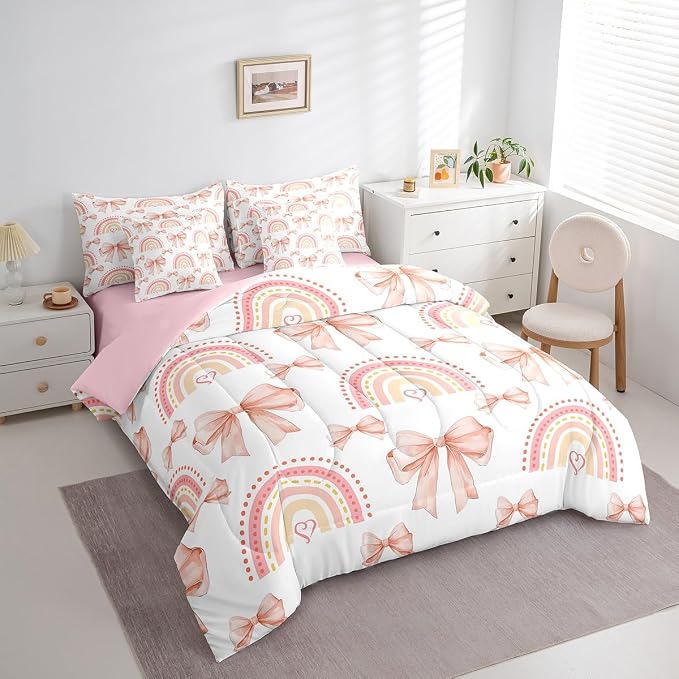 Erosebridal 7 Piece Rainbow Bowknot Bedding Set for Teens,Dreamy Princess Style Kids Girls Comforter Set Queen Bed in a Bag,Romantic Valentine Day Sheet Set,Bow Tie Heart Shaped Duvet Insert - Image 3
