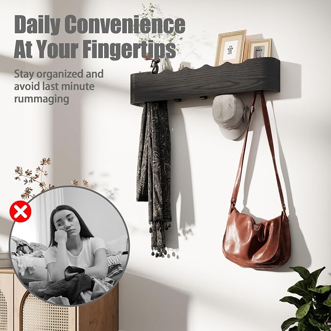 Coat Rack Wall Mount with Shelf 8 Hidden Hooks Modern Wooden Key Holder Entryway Organizer for Hallway Bedroom Bathroom Home Decor Storage for Hanging Coats Hats Bags Towels, Wave-Shape Black - Image 8