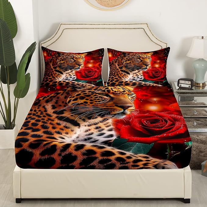 Red Rose Cheetah Bedding Set,Cat Leopard Print Sheet Set,Romantic Flowers Sheets,Chic Wild Animal Theme Fitted Sheet with Floral Flat Sheet for Kids Boys Girls Youth Man Women Bedroom Decor,Full - Image 3