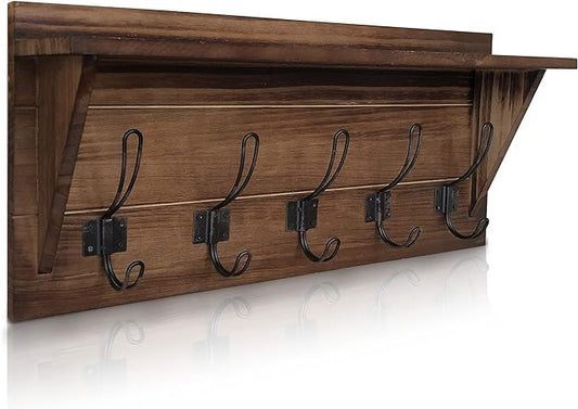 HBCY Creations Rustic Brown Solid Wood Wall Mounted Coat Rack with Shelf, 5 Hooks, 24" Long - Kitchen, Mudroom, Entryway, Bathroom - Includes Mounting Hardware, Coat Hanger, Dog Leash Hooks by HBCYCreations
