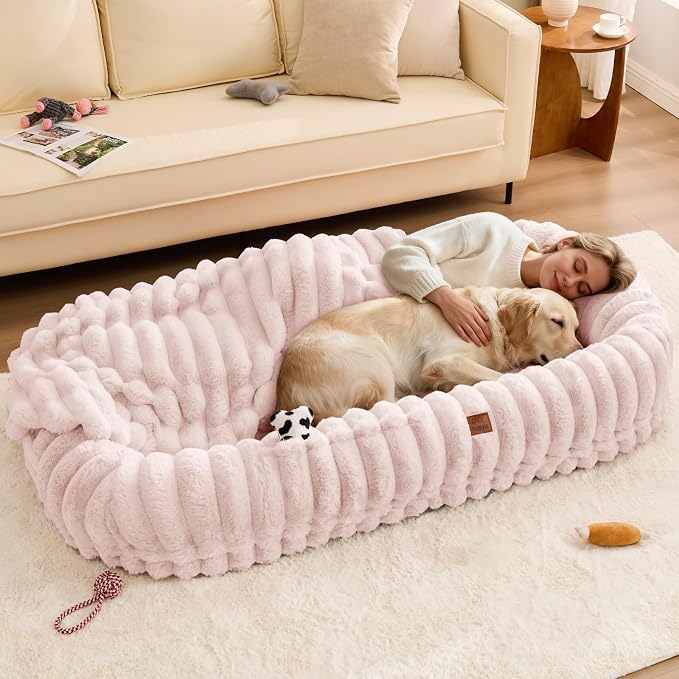ChiXnuggle Orthopedic Human Dog Bed,Striped Faux Fur Washable Cover,Blanket | pink,72*40*10,giant dog bed for adult or extra large dogs,egg crate foam,non-slip bottom by SnuggleUpPawsDown