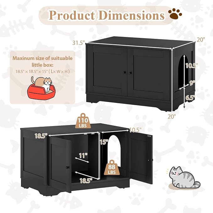 Tangkula Cat Litter Box Enclosure, Wooden Kitty Washroom Cabinet w/Winding Entry & Cat Hole, with Divider, Hidden Double Enclosed Litter Box Furniture for Living Room, Bedroom, Entryway (Black) - Image 4
