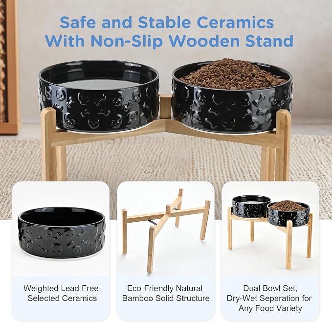 SPUNKYJUNKY Elevated Dog Bowls Ceramic, 8.3'' Dogs Food Water Bowls Raised with Non-Slip Bamboo Stand for Large Sized Breed Microwave Dishwasher Safe - 60 OZ,Skull Black - Image 6