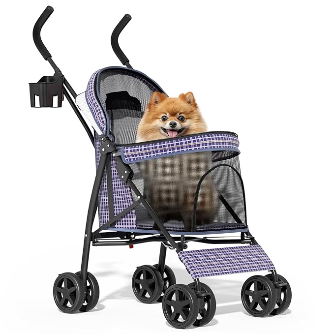 MoNiBloom 4 Wheels Pet Stroller, Easy-Fold Umbrella Shaped Dog Cat Jogger Stroller w/Storage Bag & Visible Mesh for Small/Medium Dogs Cats Plaid