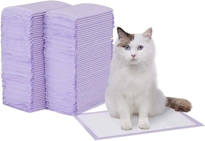 Amazon Basics Cat Pee Pads, Super Absorbent, Odor Control with Fresh Scent, Universal Fit for Litter Box, Multi Cat, Disposable, White/Purple, 100 Count by AmazonBasics