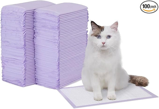 Amazon Basics Cat Pee Pads, Super Absorbent, Odor Control, Unscented, Universal Fit for Litter Box, Disposable, White/Purple, 100 Count by AmazonBasics