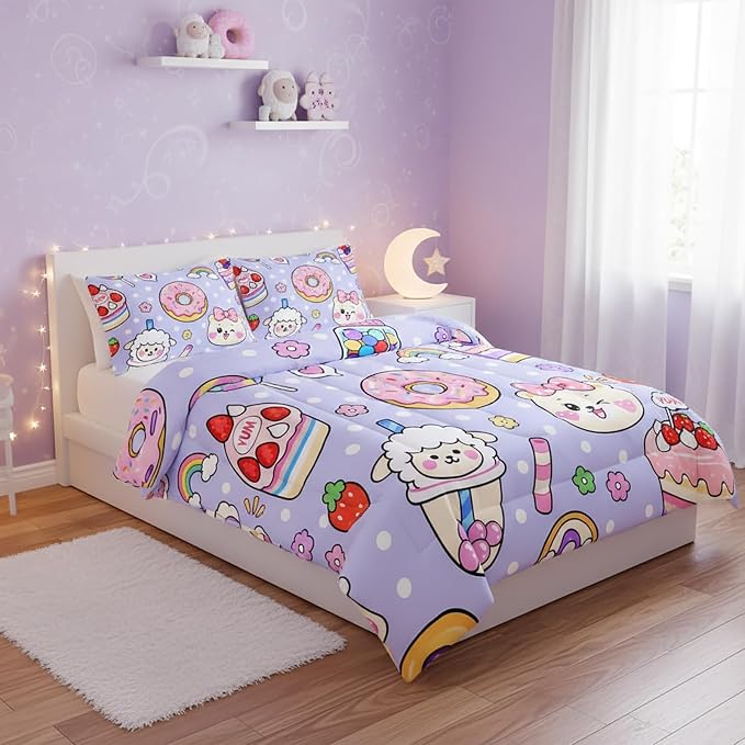QOOMO Kawaii Bear Comforter Set for Kids Teens Girls Women,Cute Bear Kids Bedding Set,1 Comforter with 2 Pillowcase, Microfiber 3 Piece Bedding Set,for All SeasonsPurple，Full Size - Image 3