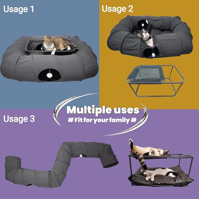 XxingSheep 2-Tier Cat Tunnel & Hammock Bed XXL, 4 Cave Shuttle with Elevated for Multiple Cats Toy Dark Grey - Image 4