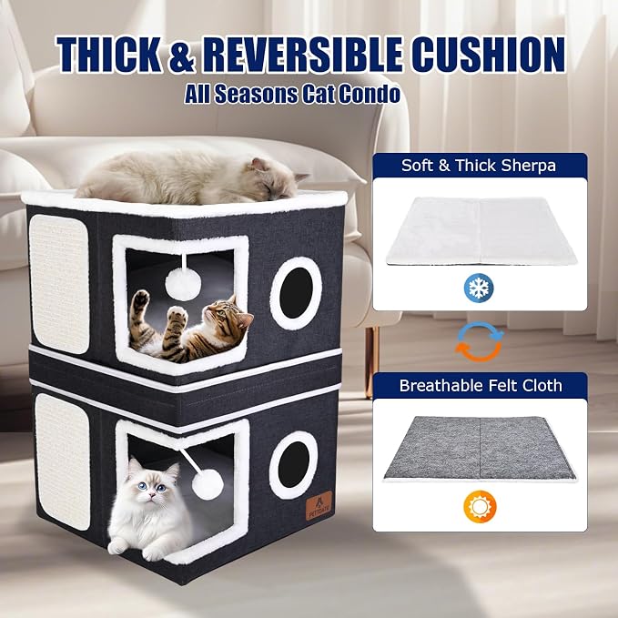 2-Story Cat House for Indoor Cats, Dual-Purpose Cat Cave Bed with Scratch Pad and Fluffy Ball, Foldable Cat Hideaway, Cute Cat Condo Furniture for Multi Small Pet Kitten, Dark Grey - Image 6