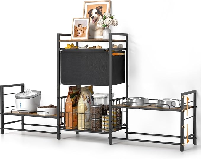 Lomivra Dog Feeding Station with 2 Elevated Bowl Stands & Large Storage | For 2-3 Dogs, 4 Adjustable Bowl Heights, Fit Large Medium Small Dogs, Fit All Bowl Types, Pull-Out Toy Bin, Dog Food Storage by Lomivra