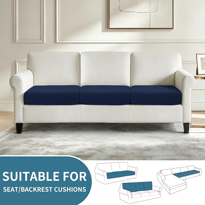 XINEAGE Couch Cushion Covers Seat Cushion Cover Thick Stretch Sofa Slipcovers 3 Piece Individual Couch Covers with Elastic Bottom(3 Seat Cushion/Backrest,Navy Blue) - Image 2