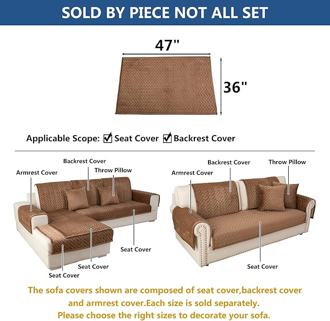 Eismodra Couch Cover,Sectional Couch Covers,Sofa Covers for 3 Cushion Couch,Anti-Slip Sofa Slipcovers for Dogs Cats Kids Loveseat Recliner L Shaped Armrest Backrest,Brown 36''x47''(Only 1 Piece) - Image 5