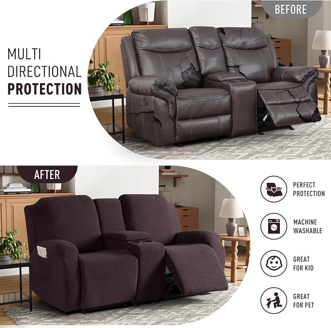 KinCam Loveseat Recliner Covers with Middle Console Slipcover, Dark Coffee | Stretch Recliner Sofa Covers for 2 Seat Couch Cover, Jacquard Furniture Protector Covers with Elastic Bottom for Kids, Pets - Image 3