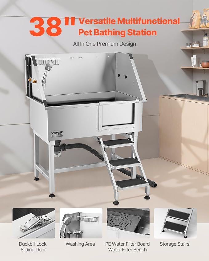 VEVOR 38 Inch Stainless Steel Dog Washing Station, Pet Grooming Tub with Hot & Cold Faucet, Showerhead, Home Wash Sink, Fits Small and Medium Cats and Dogs, Non-Slip Stairs (Right Door) - Image 2