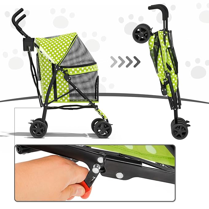 MoNiBloom 4 Wheels Pet Stroller, Easy-Fold Umbrella Shaped Dog Cat Jogger Stroller w/Storage Bag & Visible Mesh for Small/Medium Dogs Cats Lawn Green Polka Dots