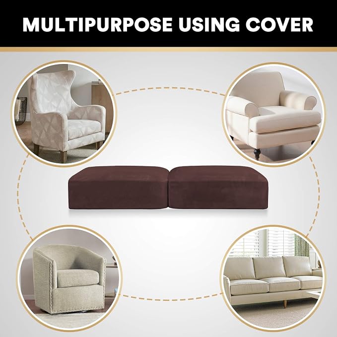 PrinceDeco Brown Furniture Cover, 2 Pcs Velvet Stretch Sofa Cushion Covers for Individual Cushions, Pet Friendly, Stay in Place, Machine Washable - Image 6