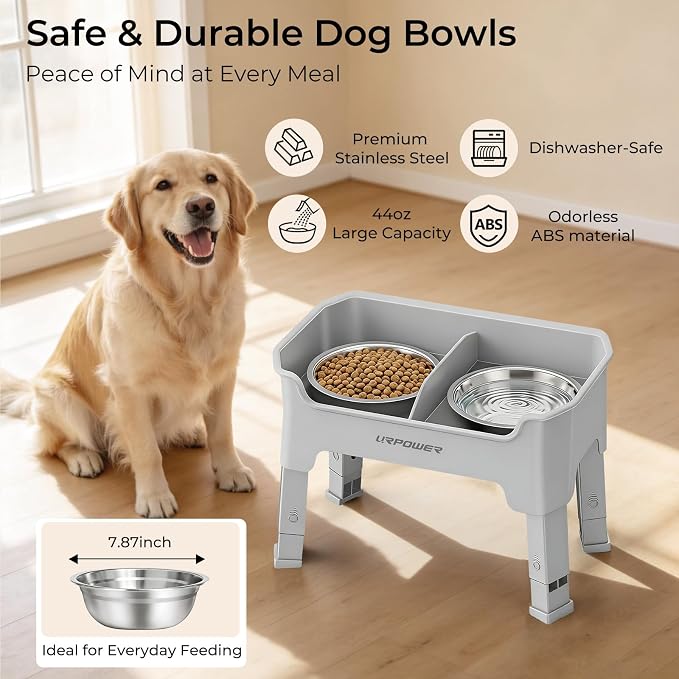 URPOWER Mess Proof Elevated Dog Bowls, Splash Guard Raised Bowl Stand | 4 Height Adjustable Raised Stand with 2 Stainless Steel Food Bowls & Licking Plate for Small, Medium & Large Dogs - Image 5