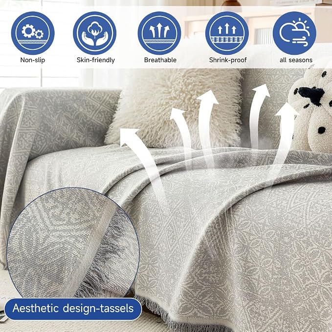 ROOMLIFE Gray Couch Cover Boho Sofa Covers for 3 Cushion Couch Washable, Furniture Protector Sofa Couch Cover for Dogs, Soft Breathable Sofa Slipcover, Couch Throw Blankets with Tassels 71''X150'' - Image 3