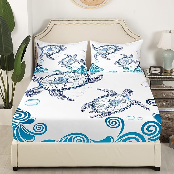 Turtle Bed Sheet Set,Ocean Animals Illustration Monochrome Sea Turtle Ocean Elements Sheets Set, Soft Decorative Fabric 4-Piece Bedding Set (Flat Sheet + Fitted Sheet + Pillow Shams) White Blue,Queen - Image 2