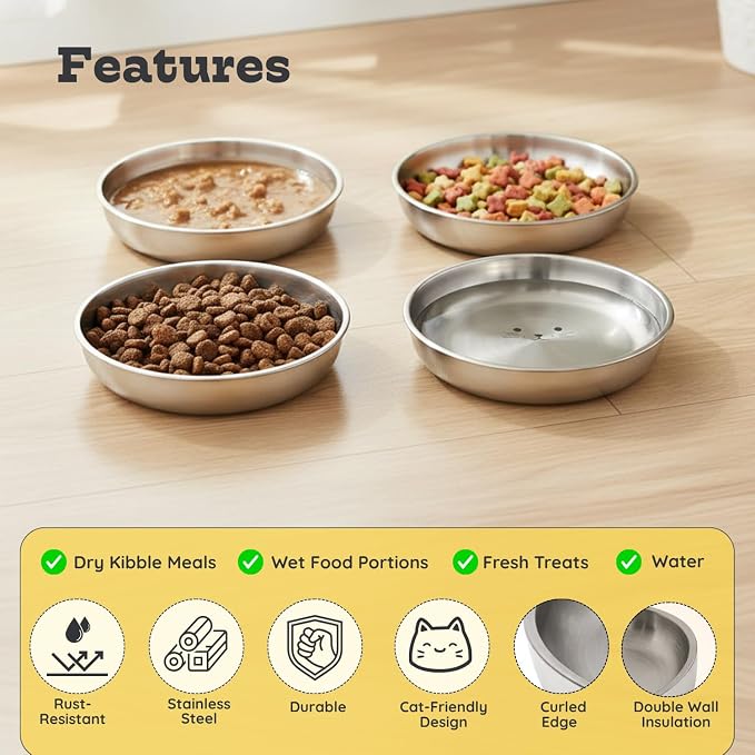 Stainless Steel Cat Food Bowl, 16 oz / 2 Cup Each, Heavy Duty Double Wall Insulated, Shallow Whisker-Friendly Design, Non-Slip Flat Base Dish for Cats & Kittens, D/W Safe (Pack of 4) - Image 4