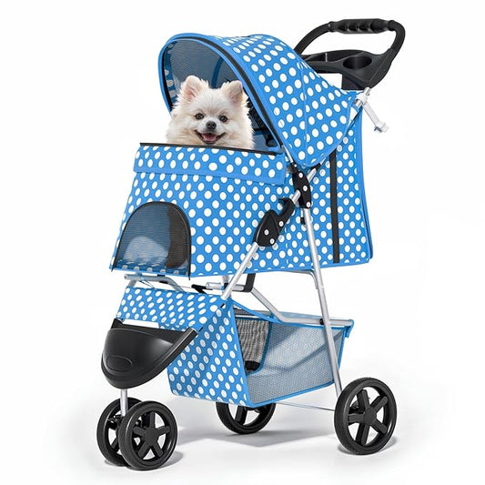 MoNiBloom 3 Wheels Pet Dog Cat Stroller for Small Medium Dogs Cats, Foldable Jogger Stroller w/Storage Basket and Cup Holder, Sky Blue Polka Dots