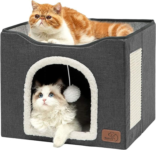 Bedsure Cat House Bed for Indoor Cats with Fluffy Ball and Scratch Pad | Dark Grey 16.5x16.5x13 in,Large Cat Cave for Multiple Pets,Foldable Cat Hideway Cube for Sleeping Kitten by Unknown