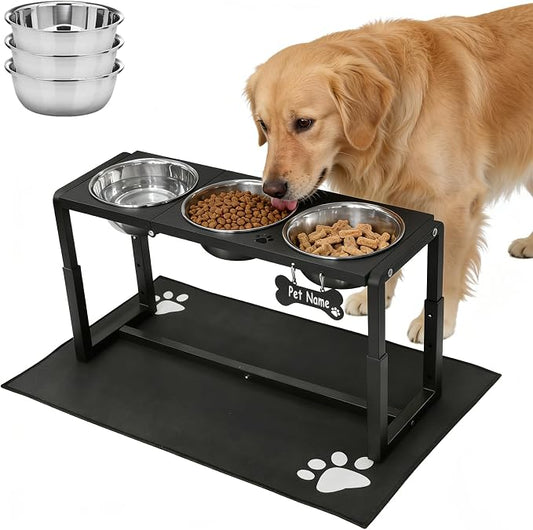 Metal Elevated Dog Bowls for Medium/Large Breed, 3 Adjustable Height(8.8''/11.5''/14'') Raised Dog Bowls Stand with Three 58oz Large Stainless Steel Dog Bowls, with The Splash pad by FLODOMIXHOME