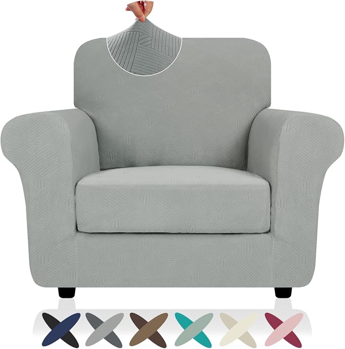ZNSAYOTX 2 Piece Stretch Chair Covers (31"-46"), Thick Striped Armchair Slipcover with Elastic Band Bottom Ties Non-Slip Stay in Place, Soft Durable Arm Chair Covers for Living Room, Light Grey by ZNSAYOTX