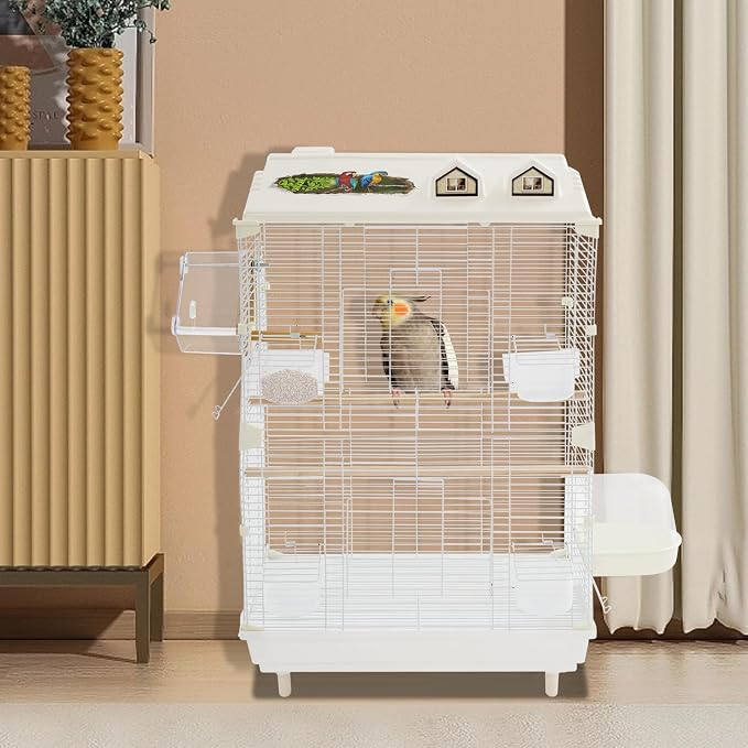 2-Door Wrought Iron Bird Cage Parakeet Cage with Roof, Parrot Cage Pet Birds Flight Cage, Interactive Birdcages Bird House Travel Cages for 4-6 Small Birds (30" H, Iron Mesh w/Roof-B) - Image 6