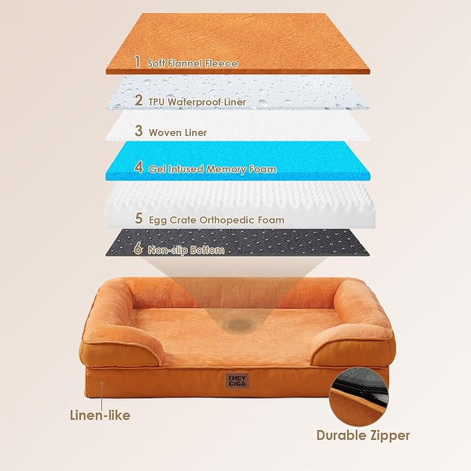EHEYCIGA Orthopedic Dog Beds Large Sized Dog, Waterproof Washable Pet Bed | Non-Slip Bottom and Egg-Crate Memory Foam Dog Couch Bed with Washable Removable Cover, Pumpkin Orange - Image 5