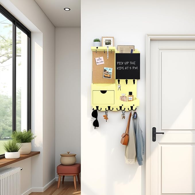 Key Holder Wall Mount， Mail Organizer Key Holder for Wall with Shelf, Drawer, Chalkboard, Corkboard, Home Decor Wall Mounted for Room Entryway (Ivory Yellow) - Image 6