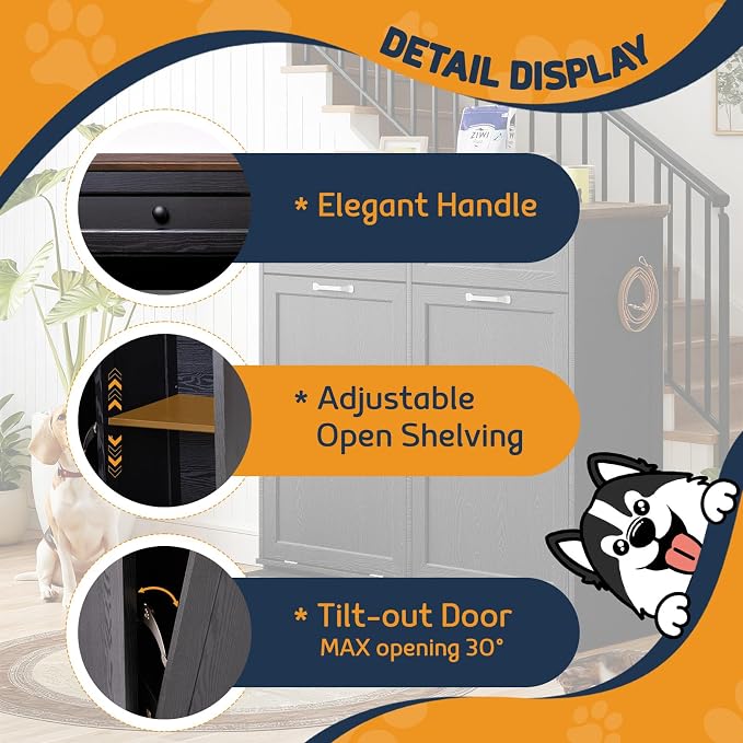 Double Door Dog Feeding Station with Storage, 10 Gallons Tilt Out Trash Can Cabinet, Dog Food Cabinet with Dog Bowls, Pet Organizer Cabinet for Kitchen/Living Room (Black, Double Door) - Image 4