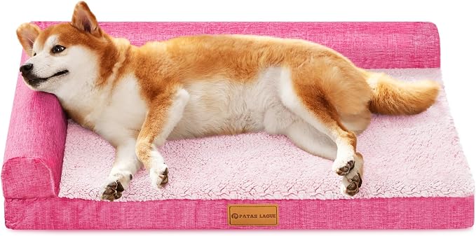 Patas Lague Orthopedic Large Dog Bed Pet Sofa Beds 36''X24'' Pink | L Bolster Egg-Crate Foam Dog Couch For Large Sized Dogs, Waterproof Removable Washable Cover, Pet Mat with Nonskid Bottom by PatasLague