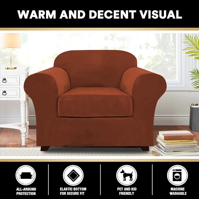 PrinceDeco Velvet Plush Couch Cover Stretch 2 Piece Chair Cover Chair Slipcover Washable Furniture Protector Couch Soft with Elastic Bottom Armchair Cover Width Up to 49 Inch(Small, Rust) - Image 6
