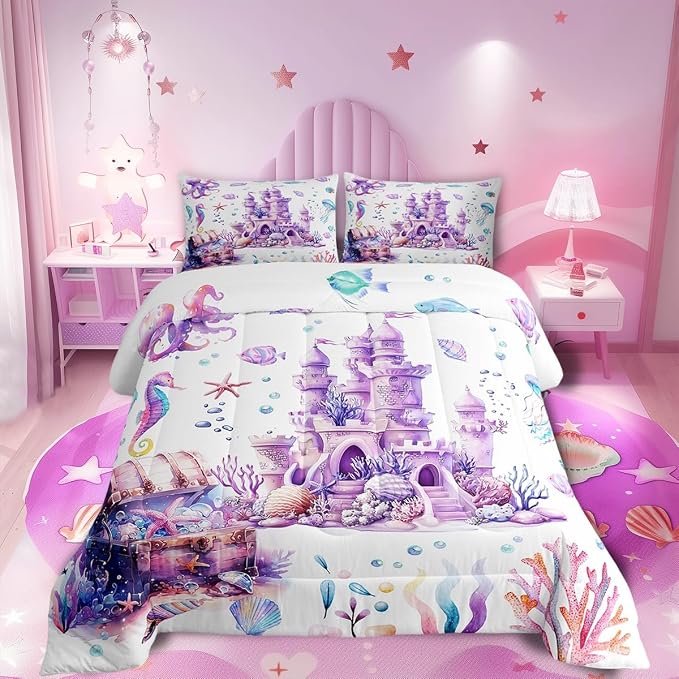 Manfei Dreamy Castle Twin Size Comforter Set,Kawaii Fairy Tale Purple Quilt Set Soft Bed Collection,Watercolor Coral Sealife Bedding Comforter for Boys Girls Room Decor,2 Pcs by Manfei
