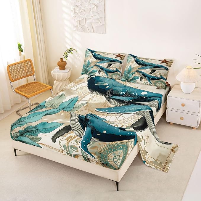 Erosebridal Ocean Whale Sheet Set Kids Boys Girls Nautical Bedding Children Coastal Sea Animal Bed Sheet Set,Soft Home Cozy Microfiber Bed Set-4pcs (1 Fitted +1 Flat+2 Pillowcases),Queen,Teal Brown by Erosebridal