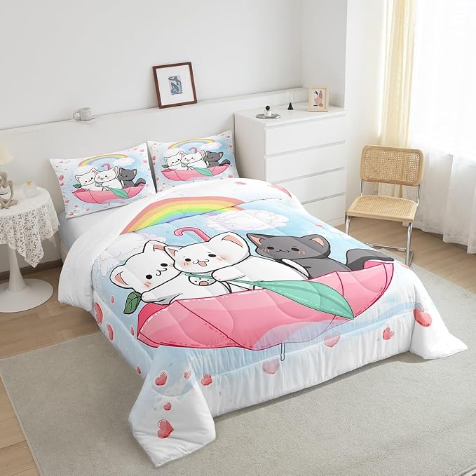 Feelyou Cartoon Cat Beddinig Set Cute Kitten Print Comforter Set for Kids Boys Girls Rainbow Pet Cat Heart Comforter Animal Quilt Room Decor 3Pcs Full Size Boys - Image 5