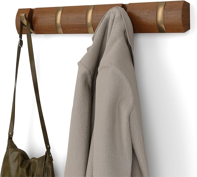 Umbra Flip Coat Rack, Wall Mounted 5-Hook Space Saving, Walnut/Gold | Real wood and steel build, retractable hooks fold flat, holds coats bags and scarves, easy install by Umbra