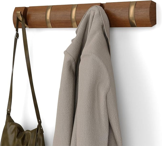 Umbra Flip Coat Rack, Wall Mounted 5-Hook Space Saving, Walnut/Gold | Real wood and steel build, retractable hooks fold flat, holds coats bags and scarves, easy install by Umbra