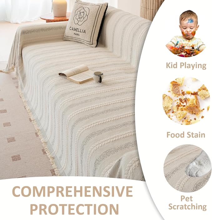 VClife Chenille Sofa Cover Bohemian Striped Pattern Couch Cover for 3 Cushion Sofa - Cream and Gray Textured Sofa Slipcover Washable Furniture Protector for Couch Decorative Couch Cushion Cover - Image 6