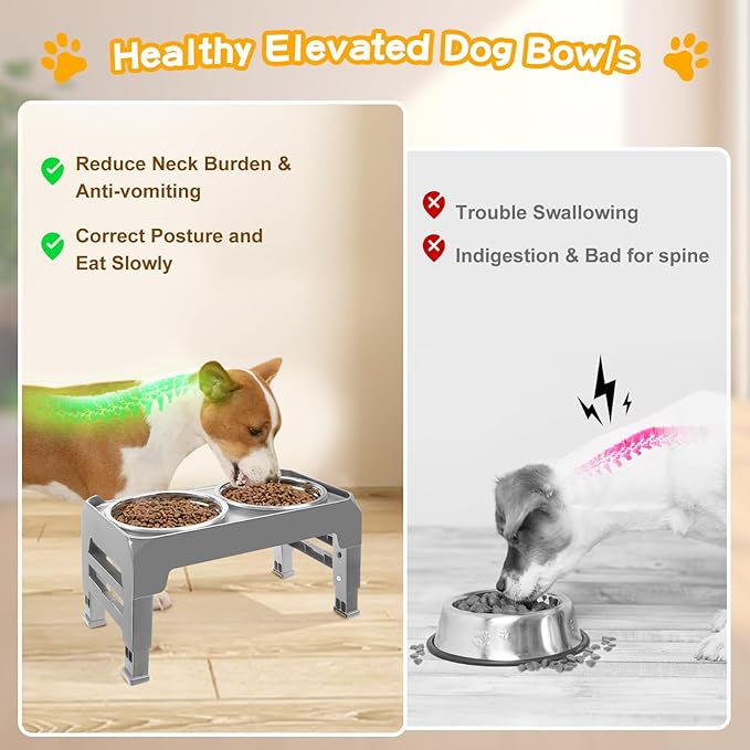 COMESOON Elevated Dog Bowls for Small Medium Dogs, 3 Height Adjustable Raised Stand with 2 Thick 6" Stainless Steel Food Bowls, Non-Slip Feeder Adjusts to 2.75", 6", 7.5", Grey - Image 4