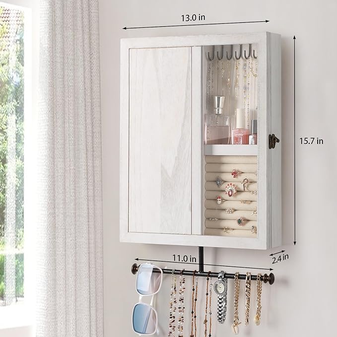 Keebofly Wall Mounted Rustic Wood Jewelry Organizer Cabinet - White | Large Hanging Holder Display for Necklaces, Earrings & Bracelets, Space Saving Ring Storage, Great Gift for Women - Image 6