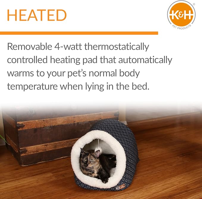 K&H Heated Cat Bed, Thermo-Pet Cave Indoor, Safety Listed, 4W, Navy/Geo | Removable Waterproof Cat Heating Pad, Heated Pet Bed for Dogs & Cats, Covered Cave Pet Tent, Collapsible, Machine Washable - Image 4
