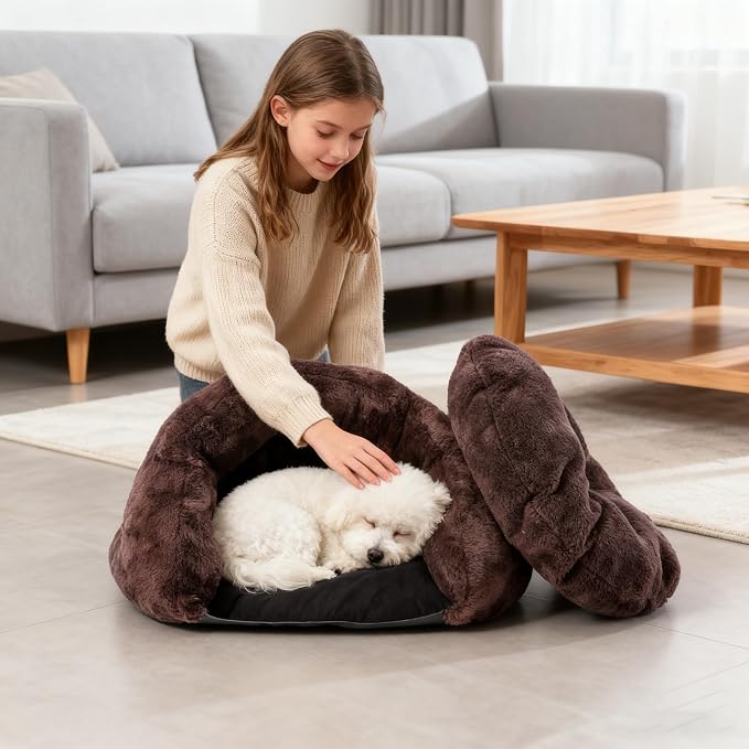 PETCUTE Warm Cat Cave Beds for Indoor Cats, Super Soft Cat Beds with Hooded Cover, Short Plush Covered Sleeping Cozy Pet Bed for Puppies and Cats,Cat House with Removable Washable Cushion - Image 2